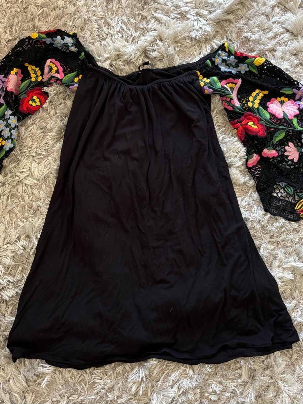Sky Black Off-Shoulder Dress with Multicolor Embroidered Sleeves